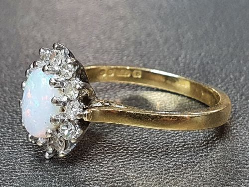 FIERY OPAL DIAMOND HALO ON 18CT GOLD BAND SIZE K 12 - ADDITIONAL PHOTO 1