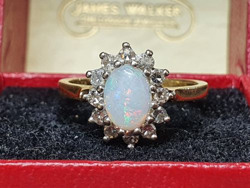 FIERY OPAL DIAMOND HALO ON 18CT GOLD BAND SIZE K 12 - ADDITIONAL PHOTO 6