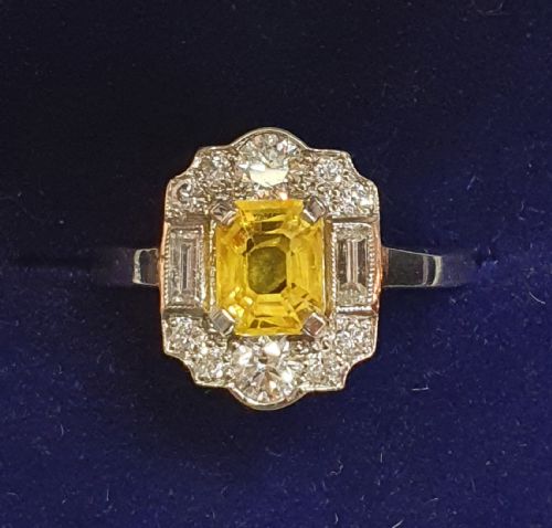 ART DECO PLATINUM YELLOW SAPPHIRE BAGUETTE DIAMOND 1930S RING SIZE N12 - ADDITIONAL PHOTO 10