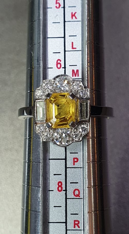 ART DECO PLATINUM YELLOW SAPPHIRE BAGUETTE DIAMOND 1930S RING SIZE N12 - ADDITIONAL PHOTO 6