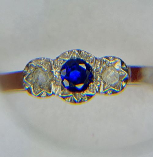 ART DECO SAPPHIRE OLD CUT DIAMOND PLATINUM SET 9CT GOLD RING SIZE L12 - ADDITIONAL PHOTO 1