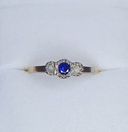 ART DECO SAPPHIRE OLD CUT DIAMOND PLATINUM SET 9CT GOLD RING SIZE L12 - ADDITIONAL PHOTO 2