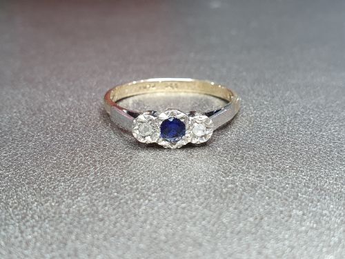 ART DECO SAPPHIRE OLD CUT DIAMOND PLATINUM SET 9CT GOLD RING SIZE L12 - ADDITIONAL PHOTO 3