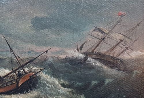 OIL ON CANVAS OF SHIPS IN STORMY SEAS CIRCA 1800 - ADDITIONAL PHOTO 4