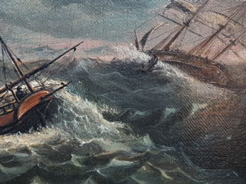 OIL ON CANVAS OF SHIPS IN STORMY SEAS CIRCA 1800 - ADDITIONAL PHOTO 1