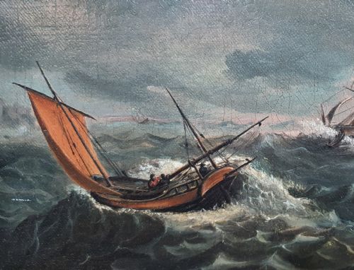 OIL ON CANVAS OF SHIPS IN STORMY SEAS CIRCA 1800 - ADDITIONAL PHOTO 2