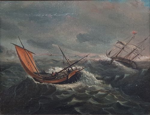 OIL ON CANVAS OF SHIPS IN STORMY SEAS CIRCA 1800 - ADDITIONAL PHOTO 3