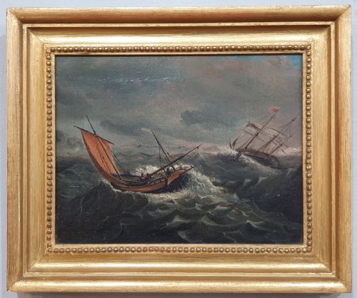 oil on canvas of ships in stormy seas circa 1800 - CATEGORY: ANTIQUE ART - DATED 1800