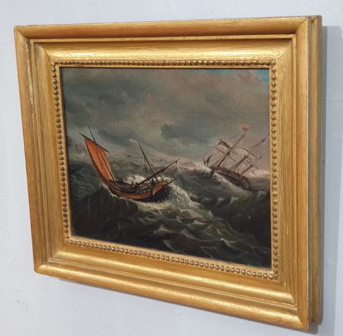 OIL ON CANVAS OF SHIPS IN STORMY SEAS CIRCA 1800 - ADDITIONAL PHOTO 6
