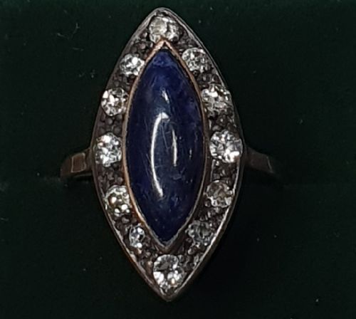 EDWARDIAN DARK BLUE 2CT AGATE DIAMOND HALO MARQUISE RING 14CT GOLD SIZE I - ADDITIONAL PHOTO 3