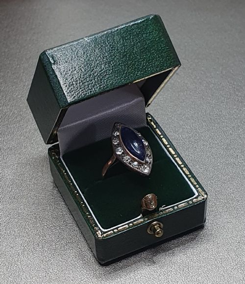 edwardian dark blue 2ct agate diamond halo marquise ring 14ct gold size i - CATEGORY: ANTIQUE JEWELLERY - DATED 1910