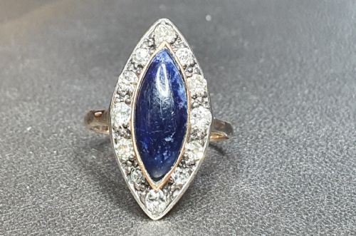 EDWARDIAN DARK BLUE 2CT AGATE DIAMOND HALO MARQUISE RING 14CT GOLD SIZE I - ADDITIONAL PHOTO 2