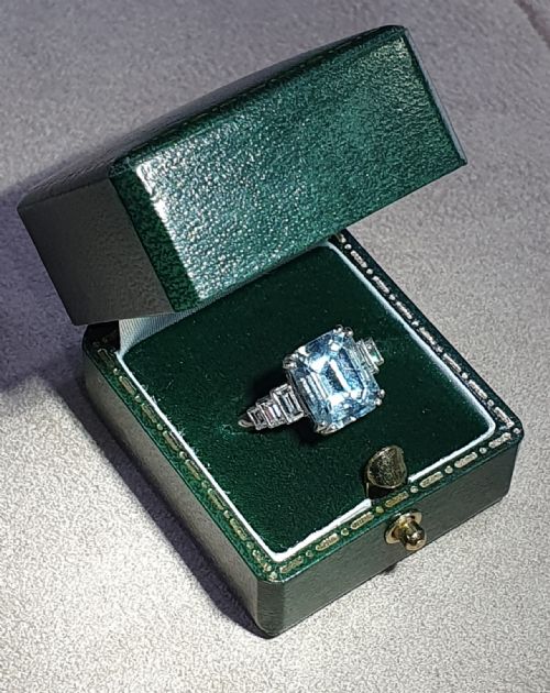 ART DECO EMERALD CUT 3CT AQUAMARINE DIAMOND SHOULDERS PLATINUM RING 4000 - ADDITIONAL PHOTO 1