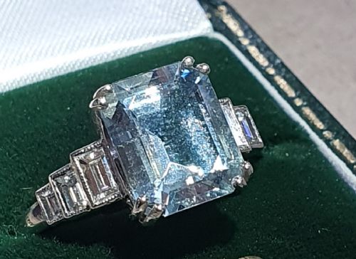 ART DECO EMERALD CUT 3CT AQUAMARINE DIAMOND SHOULDERS PLATINUM RING 4000 - ADDITIONAL PHOTO 2