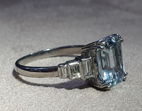 ART DECO EMERALD CUT 3CT AQUAMARINE DIAMOND SHOULDERS PLATINUM RING 4000 - ADDITIONAL PHOTO 3