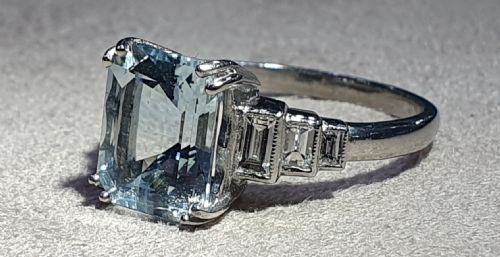 ART DECO EMERALD CUT 3CT AQUAMARINE DIAMOND SHOULDERS PLATINUM RING 4000 - ADDITIONAL PHOTO 4