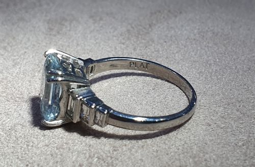 ART DECO EMERALD CUT 3CT AQUAMARINE DIAMOND SHOULDERS PLATINUM RING 4000 - ADDITIONAL PHOTO 7