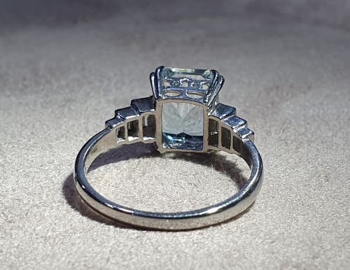 ART DECO EMERALD CUT 3CT AQUAMARINE DIAMOND SHOULDERS PLATINUM RING 4000 - ADDITIONAL PHOTO 8