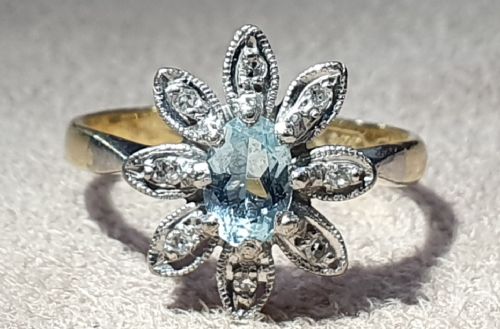 EDWARDIAN AQUAMARINE FLOWER PETAL DIAMOND CLUSTER RING 18CT GOLD SIZE L - ADDITIONAL PHOTO 2