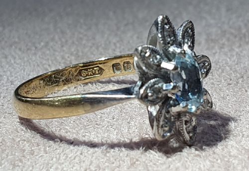 EDWARDIAN AQUAMARINE FLOWER PETAL DIAMOND CLUSTER RING 18CT GOLD SIZE L - ADDITIONAL PHOTO 3