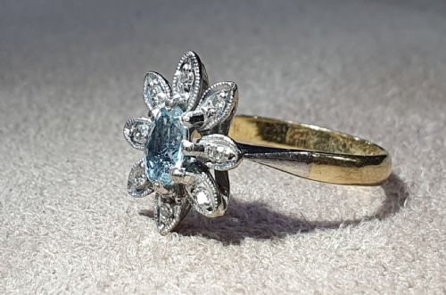 EDWARDIAN AQUAMARINE FLOWER PETAL DIAMOND CLUSTER RING 18CT GOLD SIZE L - ADDITIONAL PHOTO 4