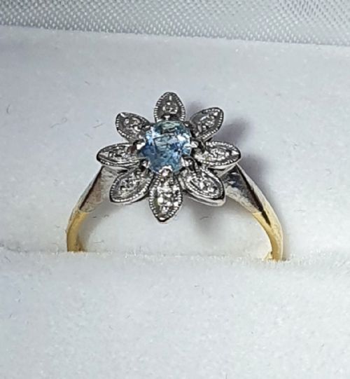 EDWARDIAN AQUAMARINE FLOWER PETAL DIAMOND CLUSTER RING 18CT GOLD SIZE L - ADDITIONAL PHOTO 5