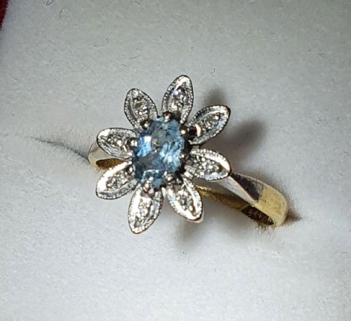 EDWARDIAN AQUAMARINE FLOWER PETAL DIAMOND CLUSTER RING 18CT GOLD SIZE L - ADDITIONAL PHOTO 6