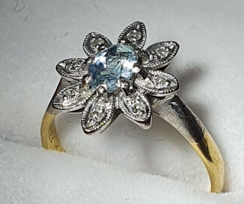 EDWARDIAN AQUAMARINE FLOWER PETAL DIAMOND CLUSTER RING 18CT GOLD SIZE L - ADDITIONAL PHOTO 7