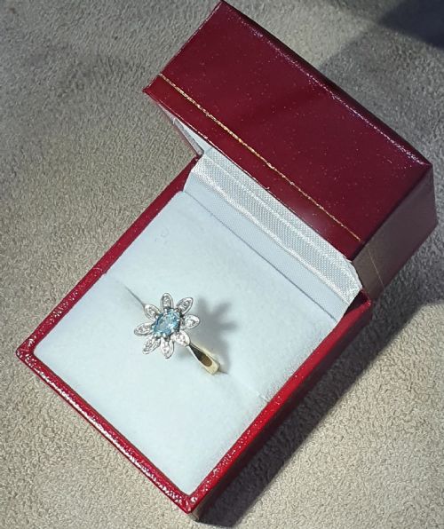 EDWARDIAN AQUAMARINE FLOWER PETAL DIAMOND CLUSTER RING 18CT GOLD SIZE L - ADDITIONAL PHOTO 12