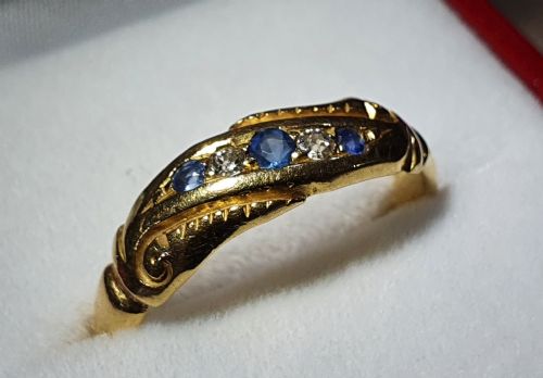 edwardian diamond sapphire gold ring size p12 - CATEGORY: ANTIQUE JEWELLERY - DATED EDWARDIAN
