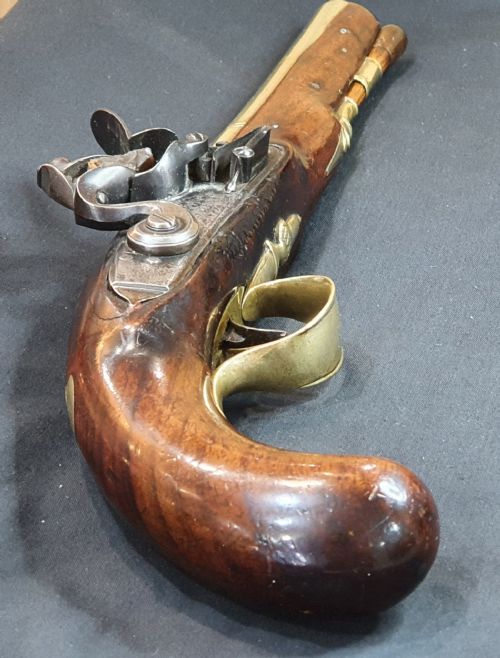 ANTIQUE 25 BORE FLINT LOCK BRASS BARRELLED HOLSTER PISTOL C1790 - ADDITIONAL PHOTO 7
