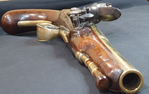ANTIQUE 25 BORE FLINT LOCK BRASS BARRELLED HOLSTER PISTOL C1790 - ADDITIONAL PHOTO 8