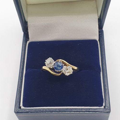 ART DECO SAPPHIRE DIAMOND TRILOGY 18CT GOLD PLATINUM TWIST SIZE Q - ADDITIONAL PHOTO 4