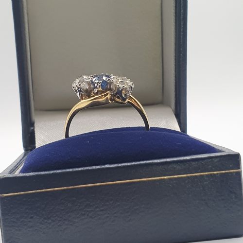 ART DECO SAPPHIRE DIAMOND TRILOGY 18CT GOLD PLATINUM TWIST SIZE Q - ADDITIONAL PHOTO 3