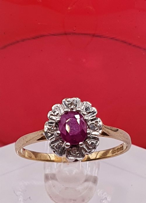 ART DECO DESIGN OVAL CUT RUBY DIAMOND HALO PLATINUM SETTING 9CT GOLD BAND SIZE N - ADDITIONAL PHOTO 7