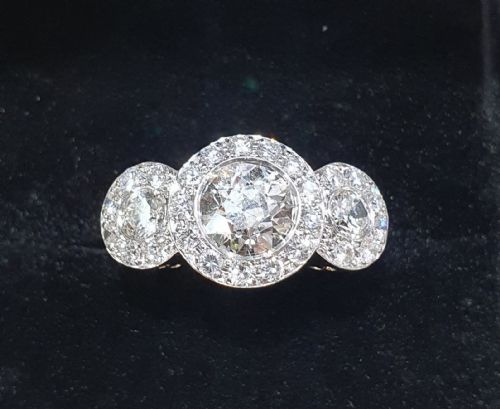 art deco 3ct european diamond platinum trilogy bombe cluster ring size m - CATEGORY: ANTIQUE JEWELLERY - DATED 1930