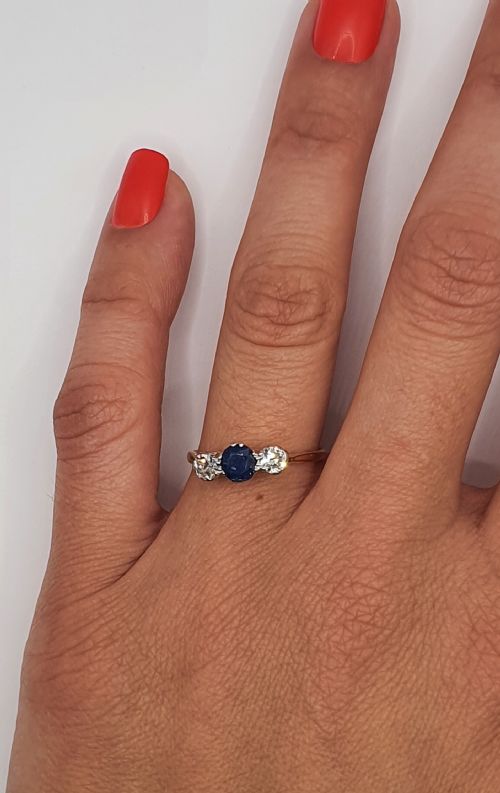 ART DECO 1920S SAPPHIRE DIAMOND 1CT TRILOGY RING 18CT GOLD SIZE P12 - ADDITIONAL PHOTO 1