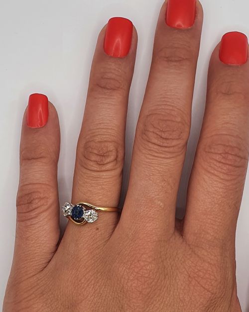 ART DECO SAPPHIRE DIAMOND TRILOGY 18CT GOLD PLATINUM TWIST SIZE Q - ADDITIONAL PHOTO 1