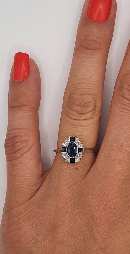 ART DECO SAPPHIRE DIAMOND ONYX ON PLATINUM 18CT GOLD RING SIZE L L - ADDITIONAL PHOTO 1