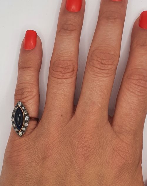 EDWARDIAN DARK BLUE 2CT AGATE DIAMOND HALO MARQUISE RING 14CT GOLD SIZE I - ADDITIONAL PHOTO 1