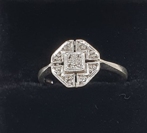 art deco 9ct white gold geometric set diamond ring size n12 - CATEGORY: ANTIQUE JEWELLERY - DATED 1930