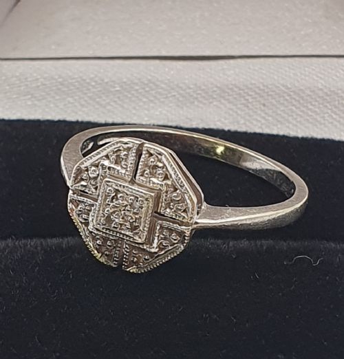 ART DECO 9CT WHITE GOLD GEOMETRIC SET DIAMOND RING SIZE N12 - ADDITIONAL PHOTO 3