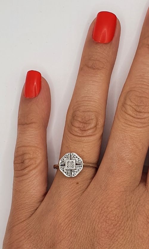 ART DECO 9CT WHITE GOLD GEOMETRIC SET DIAMOND RING SIZE N12 - ADDITIONAL PHOTO 7