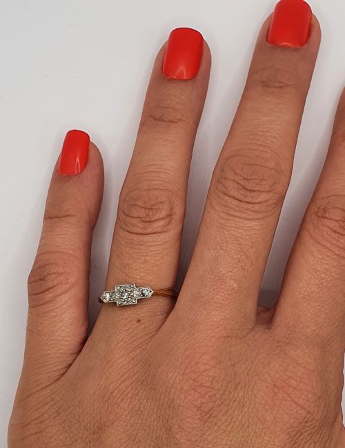 ART DECO GEOMETRIC PLATINUM STAR SET DIAMONDS ON 9CT GOLD BAND RING SIZE O12 - ADDITIONAL PHOTO 7