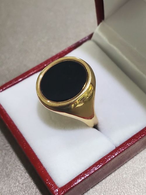 VINTAGE HEAVY 9CT GOLD ONYX SIGNET RING W - ADDITIONAL PHOTO 2