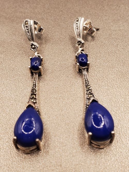 art deco style marcasite lapis lazuli sterling silver stud earrings - CATEGORY: ANTIQUE JEWELLERY - DATED 1930