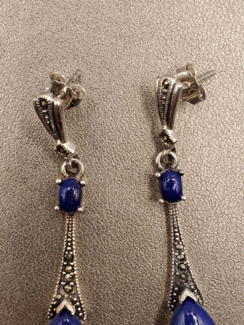 ART DECO STYLE MARCASITE LAPIS LAZULI STERLING SILVER STUD EARRINGS - ADDITIONAL PHOTO 2