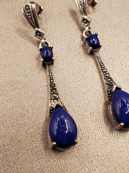 ART DECO STYLE MARCASITE LAPIS LAZULI STERLING SILVER STUD EARRINGS - ADDITIONAL PHOTO 1