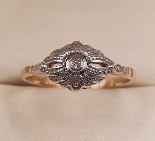 rare german art deco diamond set on 333 8ct filigree gold platinum ring size m - CATEGORY: ANTIQUE JEWELLERY - DATED 1930