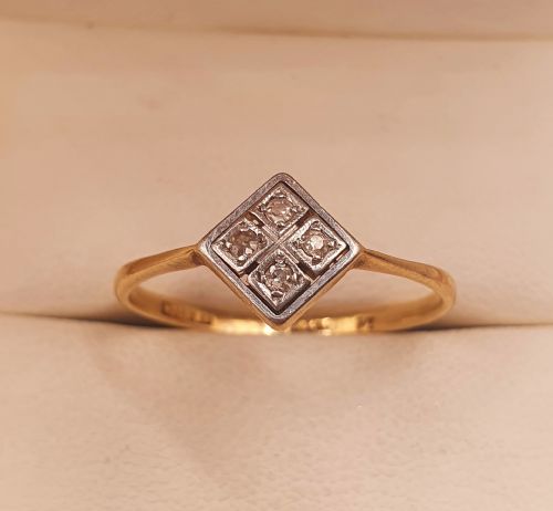 art deco 4 diamond 18ct gold platinum square lozenge ring size q - CATEGORY: ANTIQUE JEWELLERY - DATED 1930